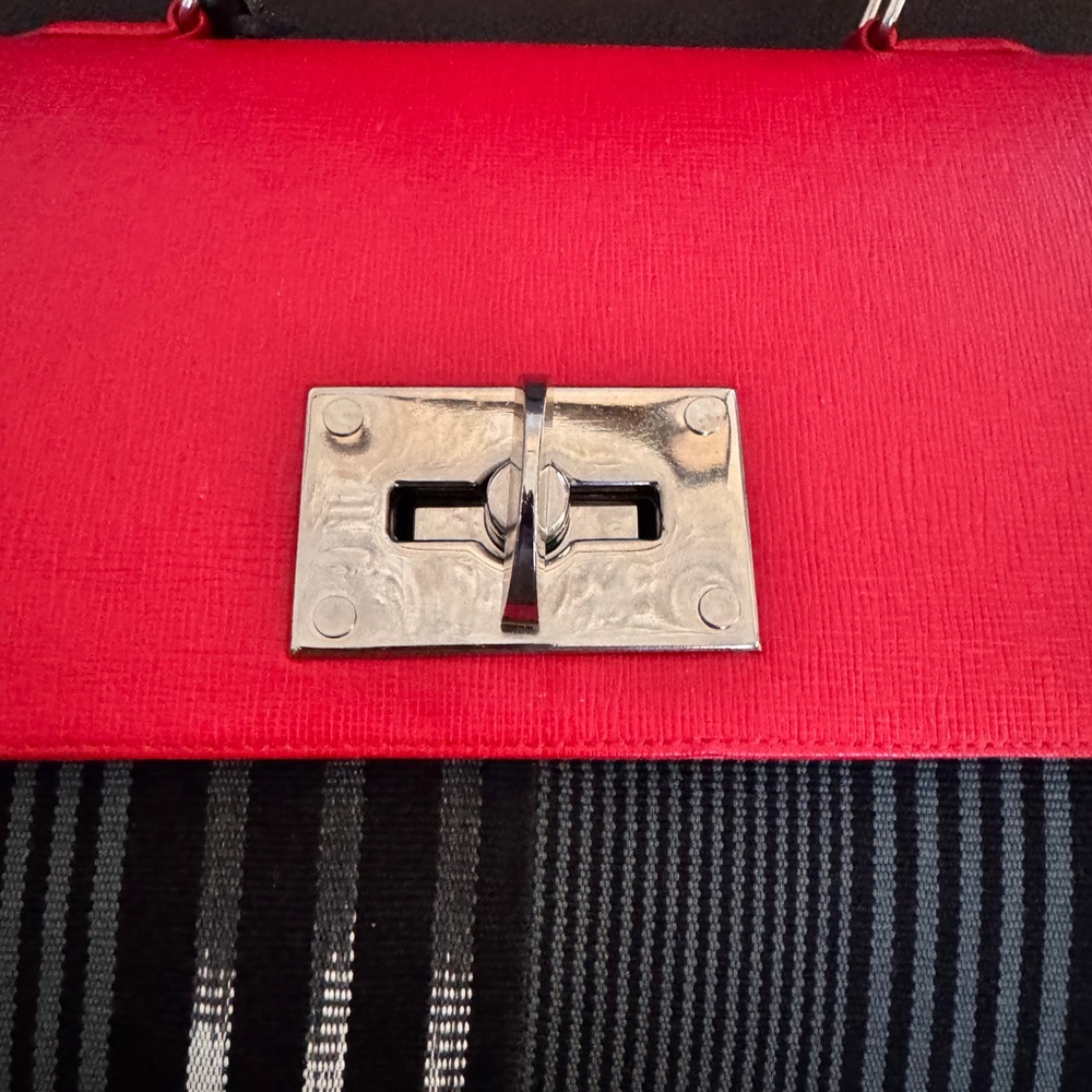 Femi Handbag | Stylish Red Leather & Black & White Striped Fabric - Picture 2 of 10